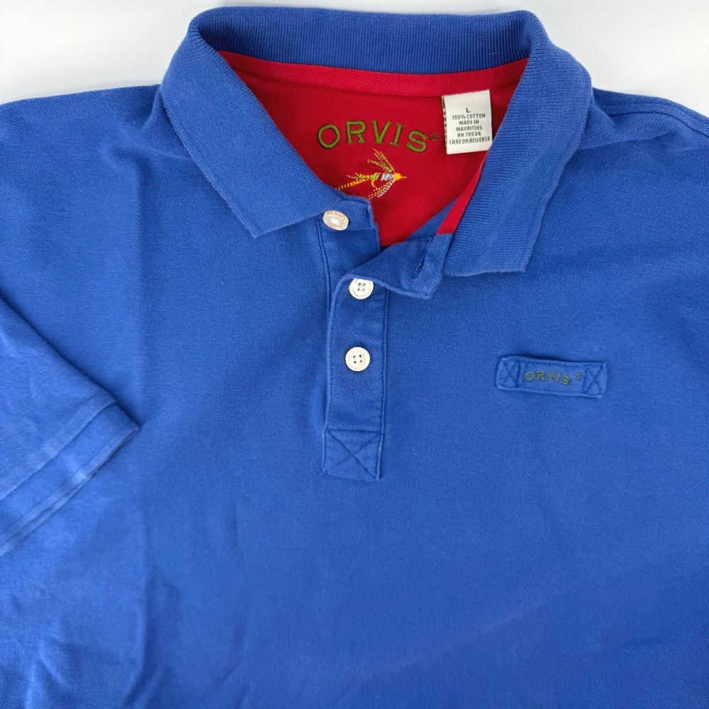 Vintage Orvis Polo Shirt Large Blue Short Sleeve Cotton Pique Side Vents Heavy